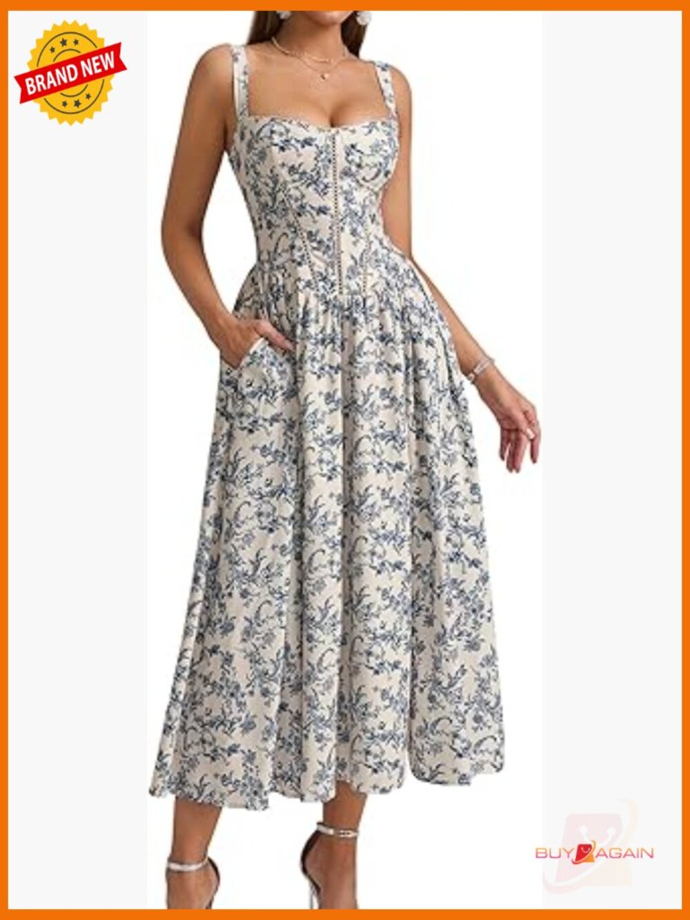 Flowy Floral Corset Midi Dress With Pockets Square Neck Smocked Back Sleeveless